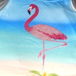 Crystal Beaded Flamingo Print Beach Tank Top Sleeveless Coastal Resort Cruise